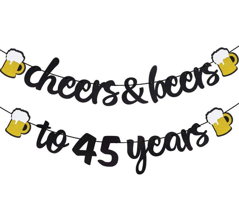 Joymee 45 Birthday Decorations for Men Women - Cheers to 45 Years Banner Pre-Strung, Glitter 45th Birthday Decorations Party Supplies (Black Gold) - Image 1